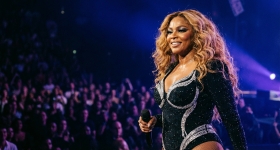 Beyoncé performing live on stage at the Stade de France in Saint-Denis