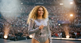 Beyoncé performing live on stage at the Stade de France in Saint-Denis