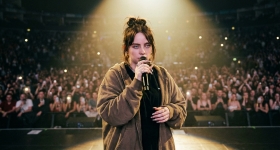 Billie Eilish performing live on stage at The O2 Arena in London