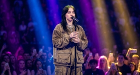 Billie Eilish performing live on stage at the Co-op Live arena in Manchester