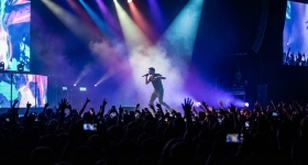 Coldplay performing live on stage at Craven Park Stadium in Hull