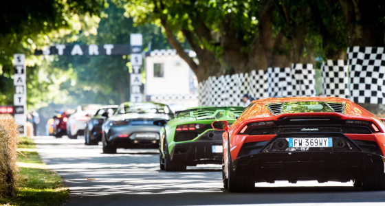 Sacīkšu automašīnas darbībā Festival Of Speed pasākumā Goodwood Circuit trasē Čičesterā