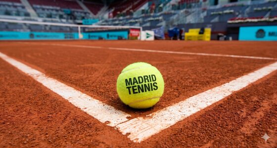 Tennisspelare i aktion under Mutua Madrid Open på La Caja Mágica i Madrid