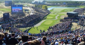 Golfers competing during the Sunday round of the Ryder Cup at Bethpage State Park in Farmingdale